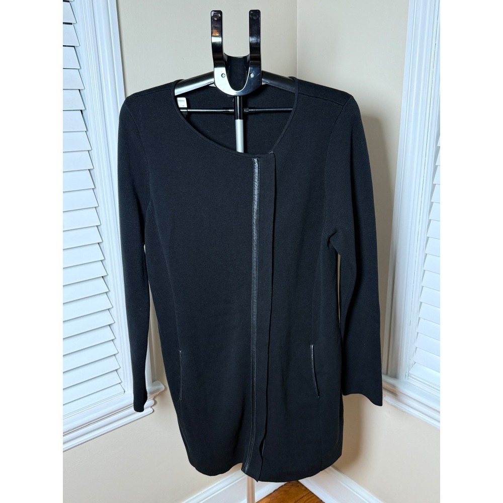 Eileen Fisher Black Silk Cotton Knit Asymmetrical Leather Trim Zip Tunic Large